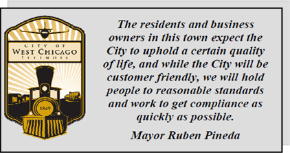 West Chicago logo and quote from Mayor Ruben Pineda regarding compliance standards