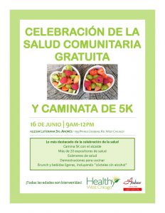 Healthy West Chicago Free community health celebration and 5K walk poster in Spanish