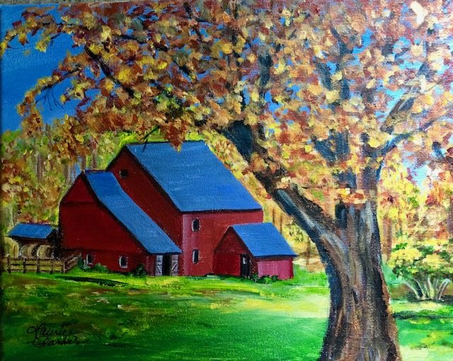 Painting of red barn with blue roof in autumn