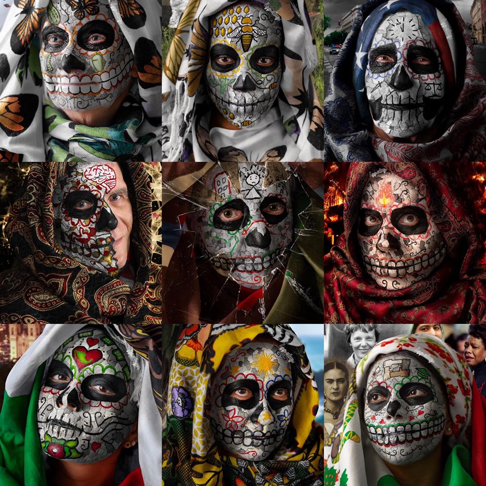 Artwork of Christopher Lucero of nine faces painted in the tradion of Mexican skulls 
