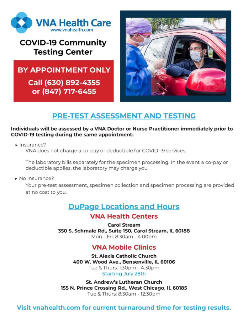 UpdatedVNA Health Care COVID 19 Testing Flier DuPage Sites Bilingual 7 22 20 002 Page 1