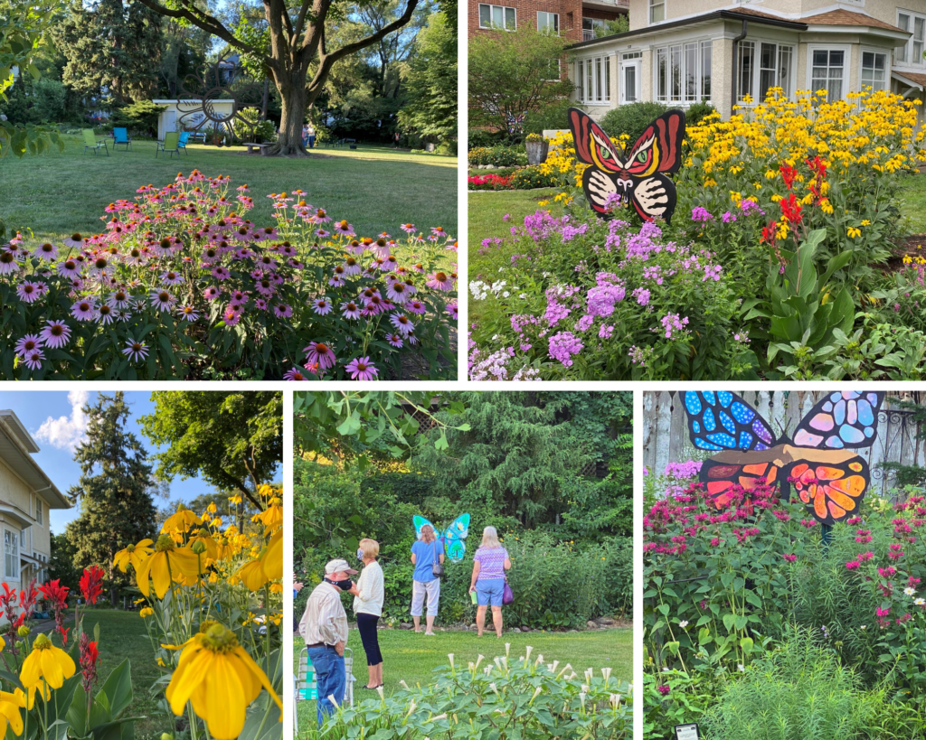 A collage of five photos showing flowers in bloom at the Kruse House Gardens. Three pictures also show a hand-painted wooden butterfly 