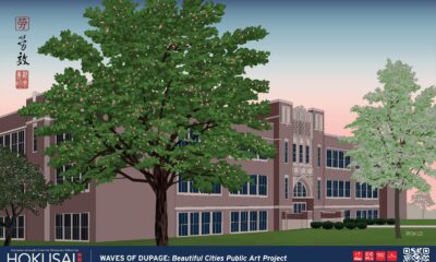 Artist depiction of the West Chicago High School in ukiyo-e style
