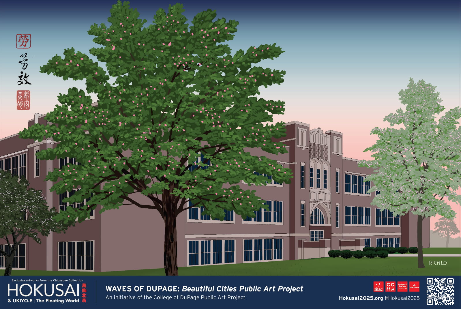 Artist depiction of the West Chicago High School in ukiyo-e style